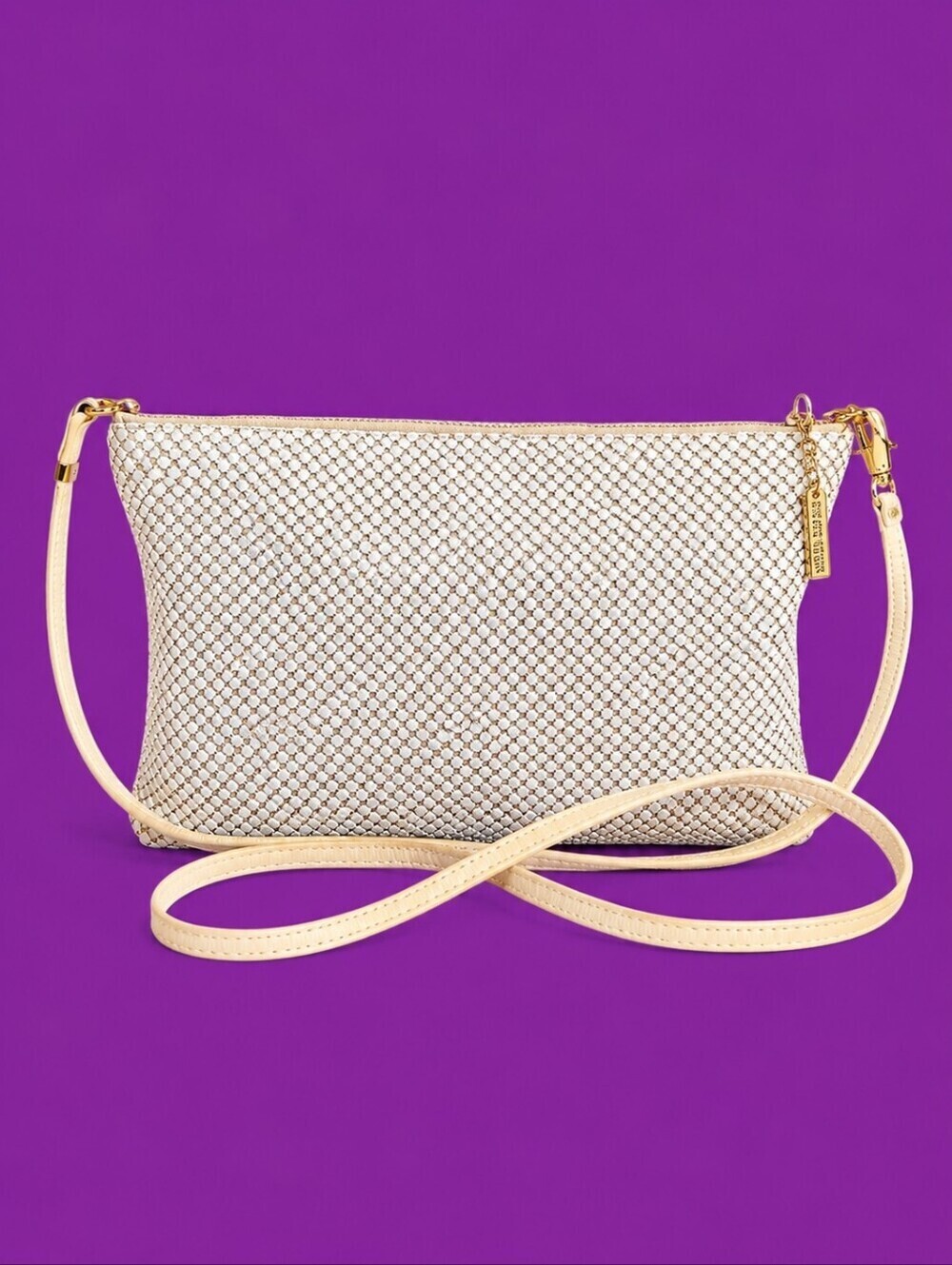 Vtg WHITING & DAVIS Cream Metal Mesh Rectangle Crossbody Bag